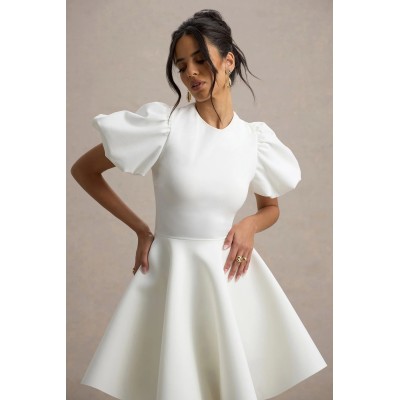 Ladies White Puff Sleeve cap sleeve high waist Crew Neck Skater Mini Dress Girls Flare Skirt Work Dresses