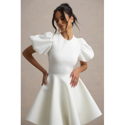 Ladies White Puff Sleeve cap sleeve high waist Crew Neck Skater Mini Dress Girls Flare Skirt Work Dresses