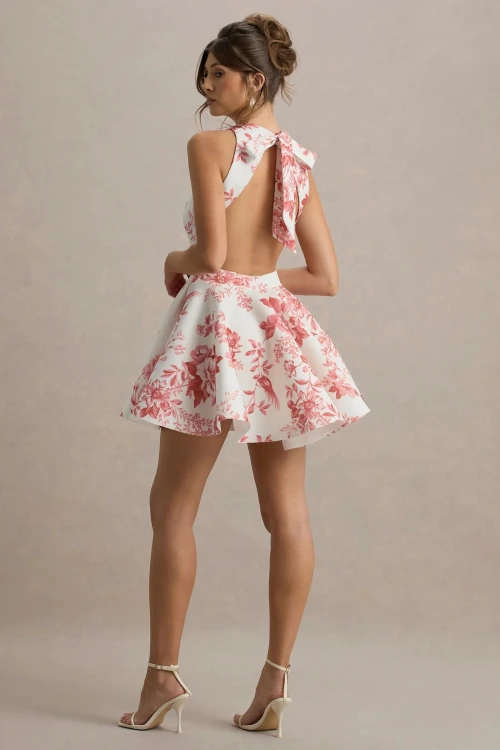 OEM manufacture custom  women fashion white printed Racer-Neck Sleeveless Skater Mini Dress
