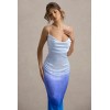 OEM Women Floral Print Bodycon Midi Dress Blue Ombre dip dye Satin Cowl Neck Strappy Maxi Dress