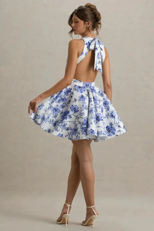 OEM manufacture custom  women fashion white printed Racer-Neck Sleeveless Skater Mini Dress