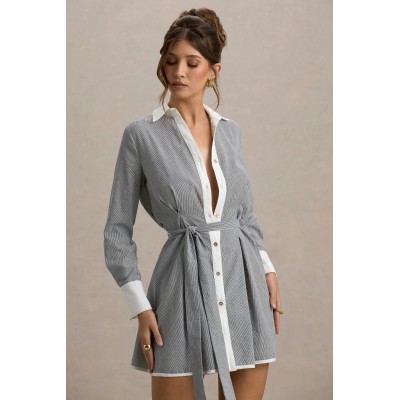 OEMTurn Down Collar Shirt Long Sleeve  Office Shirt Women Formal Dress Grey premium Linen Pinstripe Mini Shirt Dress