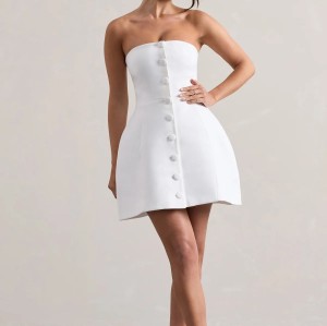 Women white elegant exclusive bandeau tailored buttoned Strapless tube top mini dress