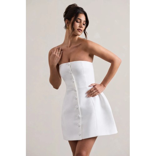 Women white elegant exclusive bandeau tailored buttoned Strapless tube top mini dress