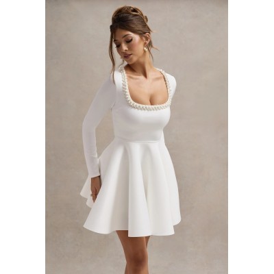 White black square neck long sleeve skater mini dress Pearl embellishments Skater skirt playful elegance Dress