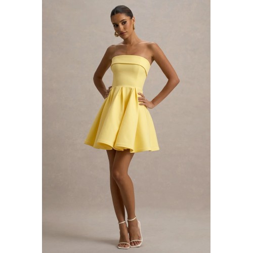 OEM Women Fashion Wear Boned bodice Folded bandeau neckline  Lemon Bandeau Skater Mini Dress