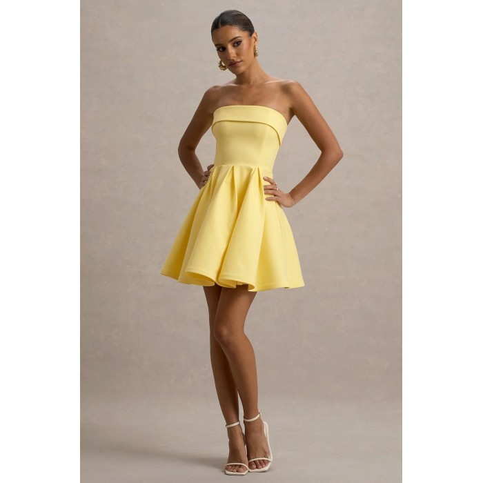 OEM Women Fashion Wear Boned bodice Folded bandeau neckline  Lemon Bandeau Skater Mini Dress