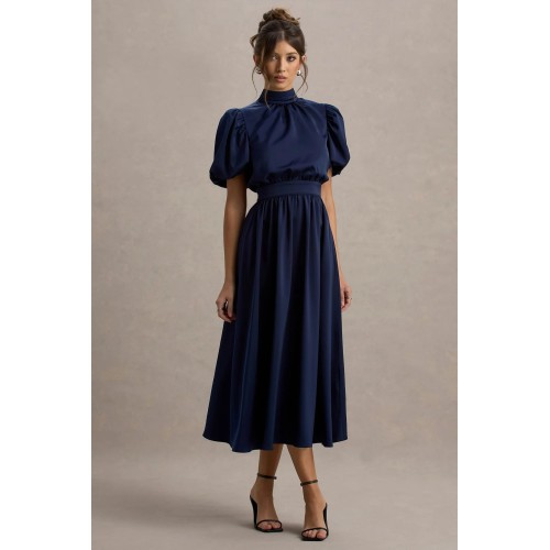 OEM Women Summer High neck Dress Navy Satin Short Puff-Sleeve Midi Dress With Bow