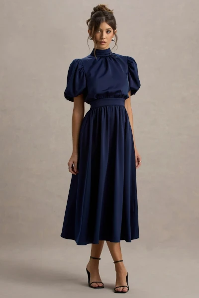 OEM Women Summer High neck Dress Navy Satin Short Puff-Sleeve Midi Dress With Bow
