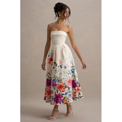 OEM Women Fashion Wear Boned bodice Folded bandeau neckline Light Pink Floral Print Bandeau Skater Midi Dress