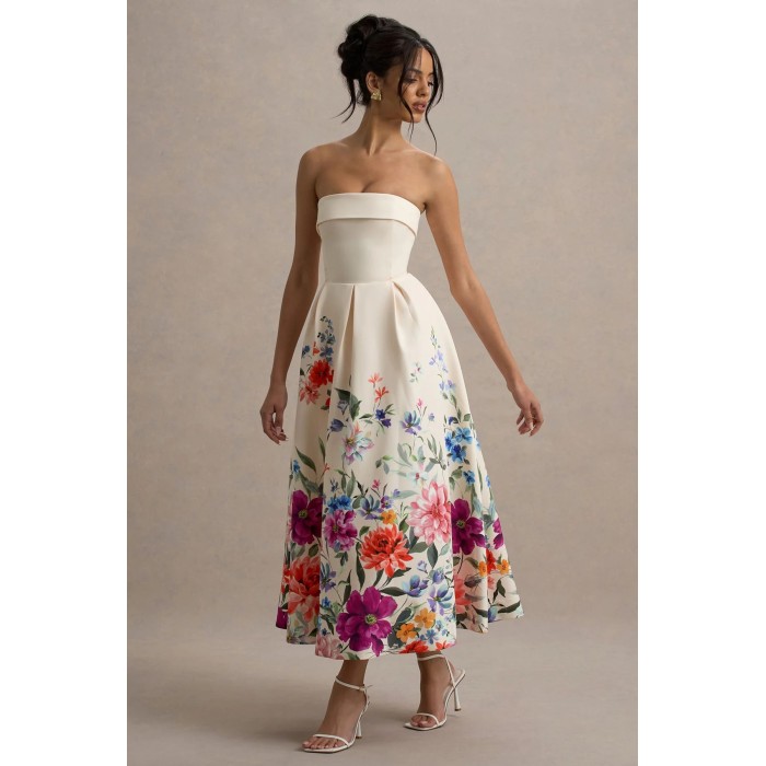 OEM Women Fashion Wear Boned bodice Folded bandeau neckline Light Pink Floral Print Bandeau Skater Midi Dress