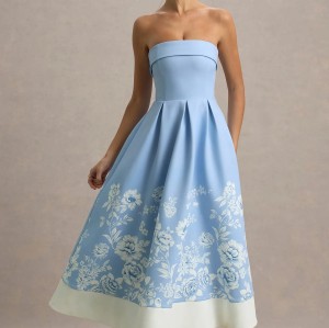 OEM Women Fashion Wear Boned bodice Folded bandeau neckline Light Pink Floral Print Bandeau Skater Midi Dress