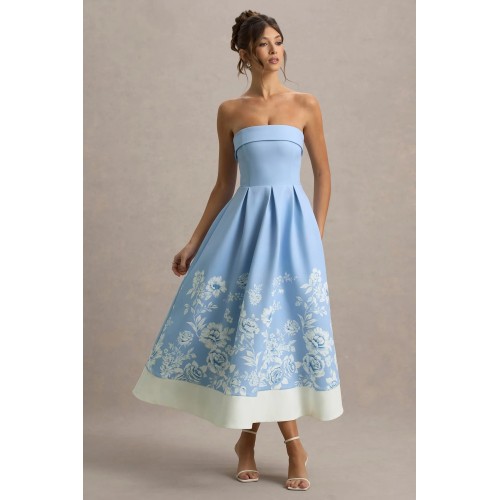 Factory Custom Boned bodice Folded bandeau neckline Light Blue Floral Print Bandeau Skater Midi Dress