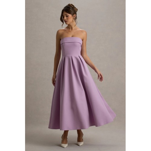 Factory Custom Boned bodice Folded bandeau neckline Light Purple Lilac Bandeau Skater Pleated Midi Dress