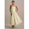 Factory Custom Boned bodice Folded bandeau neckline Blue Floral Print Bandeau Skater Pleated Midi Dress