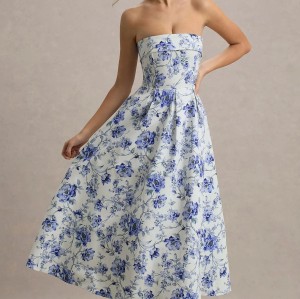 Factory Custom Boned bodice Folded bandeau neckline Light Purple Lilac Bandeau Skater Pleated Midi Dress