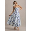 Factory Custom Boned bodice Folded bandeau neckline Blue Floral Print Bandeau Skater Pleated Midi Dress