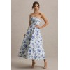 Factory Custom Boned bodice Folded bandeau neckline Blue Floral Print Bandeau Skater Pleated Midi Dress