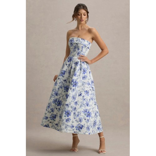 Factory Custom Boned bodice Folded bandeau neckline Blue Floral Print Bandeau Skater Pleated Midi Dress