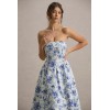 Factory Custom Boned bodice Folded bandeau neckline Blue Floral Print Bandeau Skater Pleated Midi Dress
