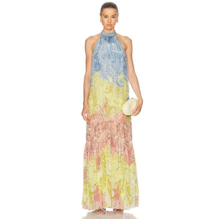 Elegant Women's Viscose Fiber Summer Dress Custom Long  Sleeveless Halter-Neck Printed Long Dress