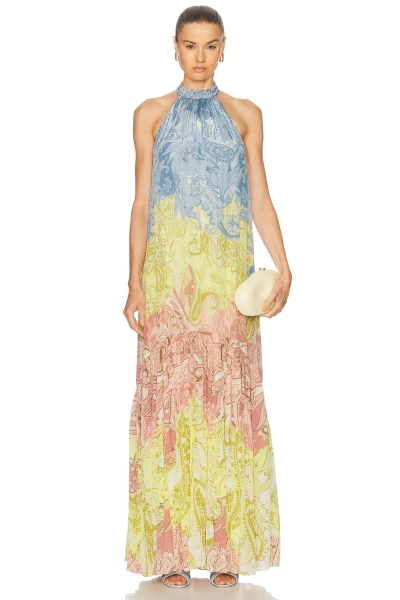 Elegant Women's Viscose Fiber Summer Dress Custom Long  Sleeveless Halter-Neck Printed Long Dress
