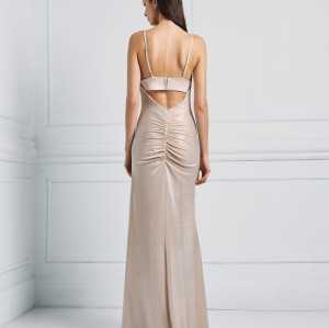 Stunning Custom made Draped Metallic for Ladies featuring alluring back ruche and cut out dress.