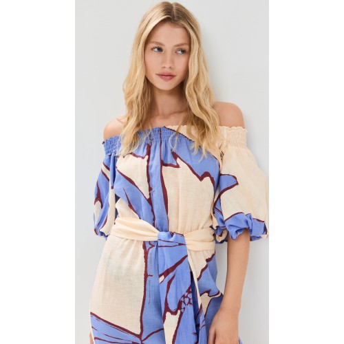 Custom Casual One Shoulder Smocking Collar High Waist Slit Putt Sleeve Long Dress