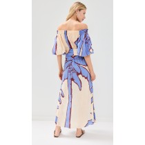 Custom Casual One Shoulder Smocking Collar High Waist Slit Putt Sleeve Long Dress