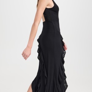 2025 Hot Selling Ladies' Gorgeous Sleeveless Dress Scooped Back Rosette adorned Shoulders Thigh High Slit Ruffled Trim