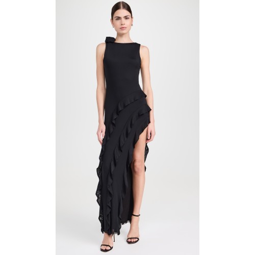 2025 Hot Selling Ladies' Gorgeous Sleeveless Dress Scooped Back Rosette adorned Shoulders Thigh High Slit Ruffled Trim