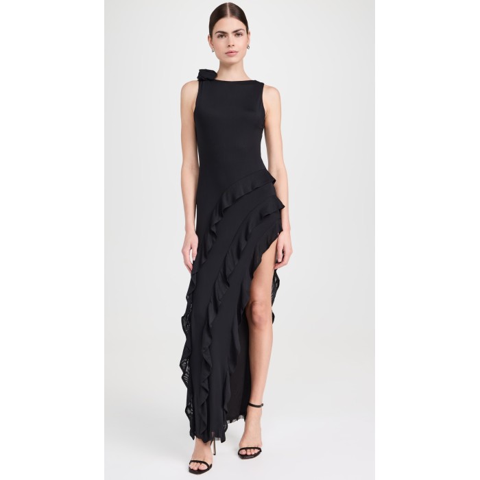 2025 Hot Selling Ladies' Gorgeous Sleeveless Dress Scooped Back Rosette adorned Shoulders Thigh High Slit Ruffled Trim