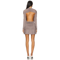 Elegant High Quality Custom Logo 2025 New Fashion High Neck Long Sleeve Backless Breathable Dress