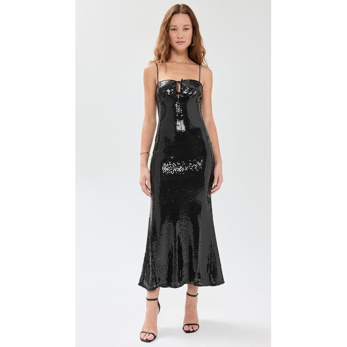 Elegant Formal Sparkling Stretch Mesh Garment Boasting Satin Ties and a Sweetheart Neck Midi Dress