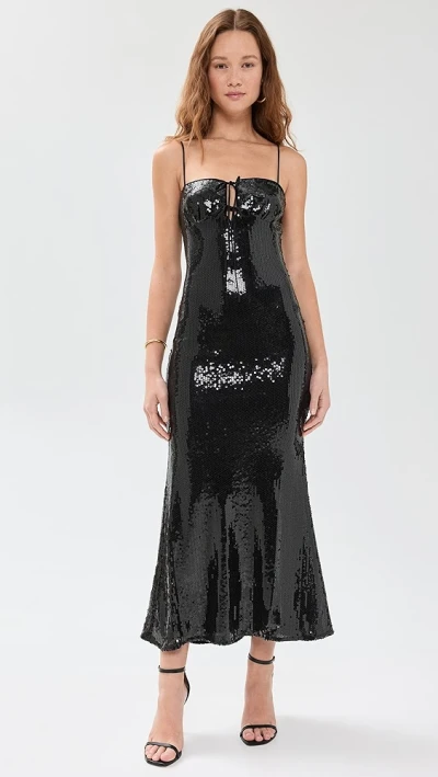 Elegant Formal Sparkling Stretch Mesh Garment Boasting Satin Ties and a Sweetheart Neck Midi Dress