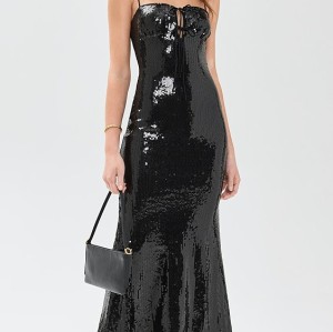 Elegant Formal Sparkling Stretch Mesh Garment Boasting Satin Ties and a Sweetheart Neck Midi Dress