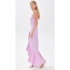 Exquisite lightweight low tretch satin with bow accent V neck and cascading ruffles high low hem dress