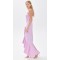 Exquisite lightweight low tretch satin with bow accent V neck and cascading ruffles high low hem dress