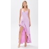 Exquisite lightweight low tretch satin with bow accent V neck and cascading ruffles high low hem dress