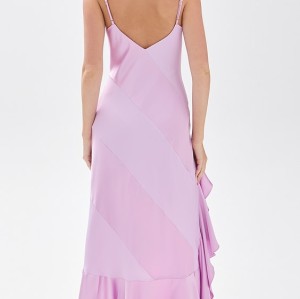 Exquisite lightweight low tretch satin with bow accent V neck and cascading ruffles high low hem dress
