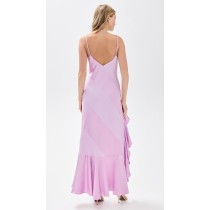 Exquisite lightweight low tretch satin with bow accent V neck and cascading ruffles high low hem dress