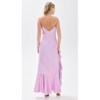 Exquisite lightweight low tretch satin with bow accent V neck and cascading ruffles high low hem dress