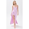Exquisite lightweight low tretch satin with bow accent V neck and cascading ruffles high low hem dress