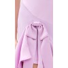 Exquisite lightweight low tretch satin with bow accent V neck and cascading ruffles high low hem dress