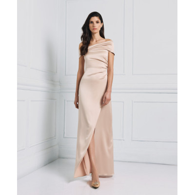 New Fashion Trend Satin Off the Shoulder Under Skirt Side Pleats Front Slit and Darts  Dress