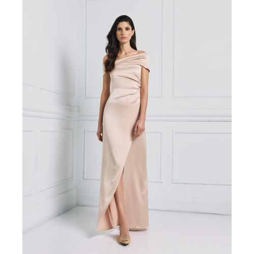 New Fashion Trend Satin Off-the-Shoulder Dress with Under-Skirt Side Pleats Front Slit and Darts