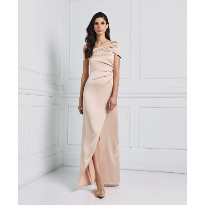New Fashion Trend Satin Off the Shoulder Under Skirt Side Pleats Front Slit and Darts  Dress