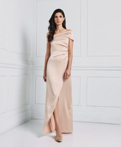 New Fashion Trend Satin Off the Shoulder Under Skirt Side Pleats Front Slit and Darts  Dress