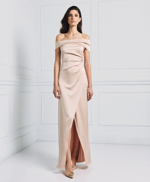 New Fashion Trend Satin Off the Shoulder Under Skirt Side Pleats Front Slit and Darts  Dress