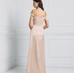New Fashion Trend Satin Off the Shoulder Under Skirt Side Pleats Front Slit and Darts  Dress